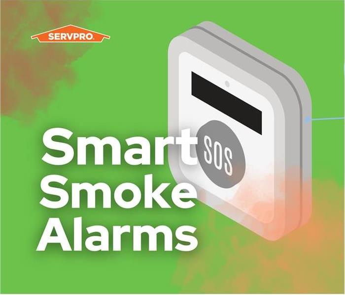 graphic of smart smoke alarm, green background, square animated wifi fire alarm orange smoke, servpro logo in top left corner